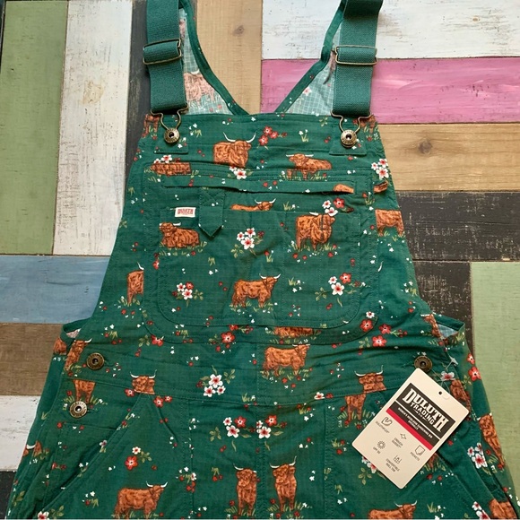 NWT Duluth Small Heirloom Gardening Bib Overalls Green Highland Cow Smallx33 - Picture 5 of 12